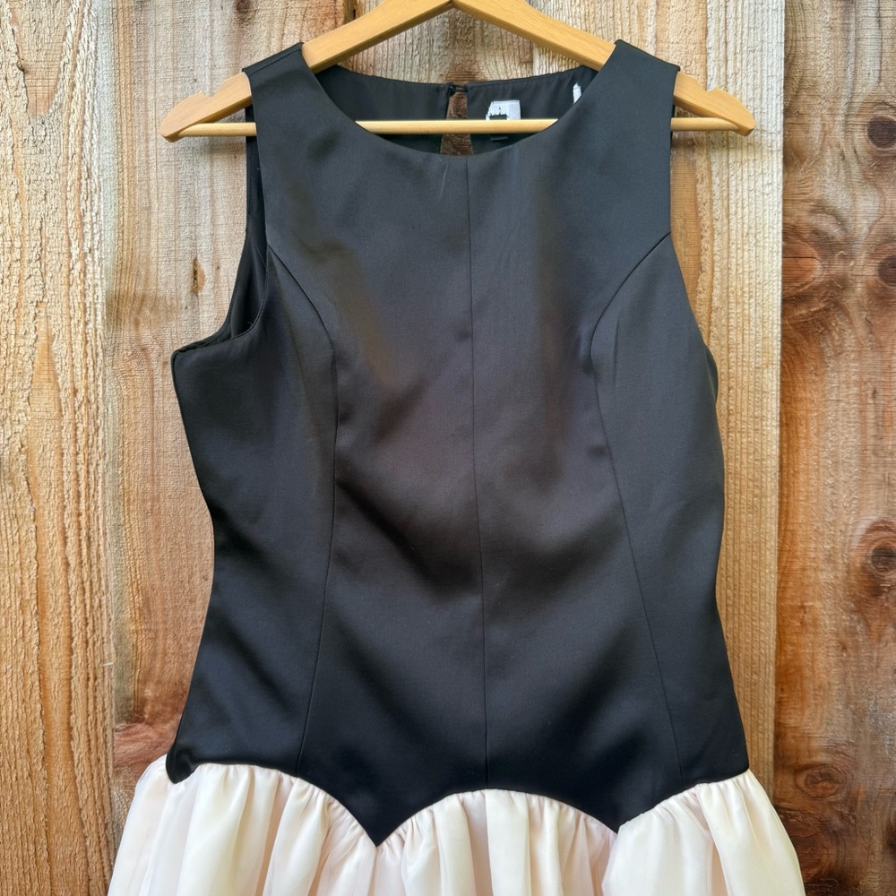 Black and Cream Satin Drop-Style Waist Tulle Midi Dress 🌿 - Picture 3 of 10